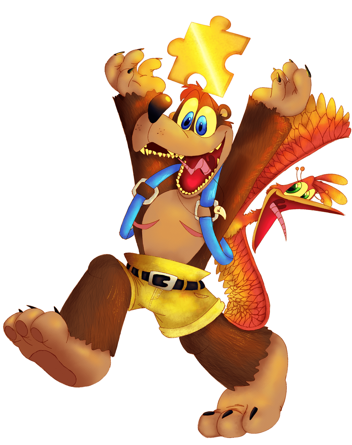 Art of Banjo and Kazooie, Banjo holding up a Jiggy and looking happy